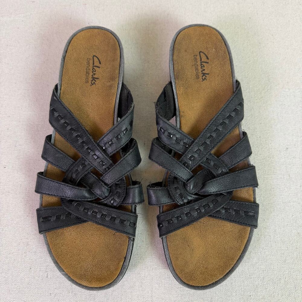 Clarks Bendables Black Leather Slide Sandals Womens 11N Gina Eagle Comfort Mules - Picture 3 of 11